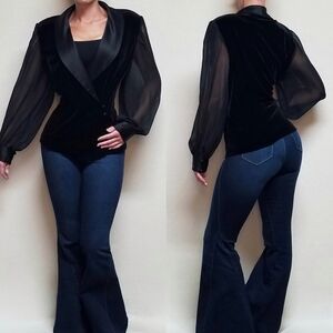 90s Vintage Alex Evenings Black Velvet Satin Sheer Poet Sleeve Cross Over Jacket